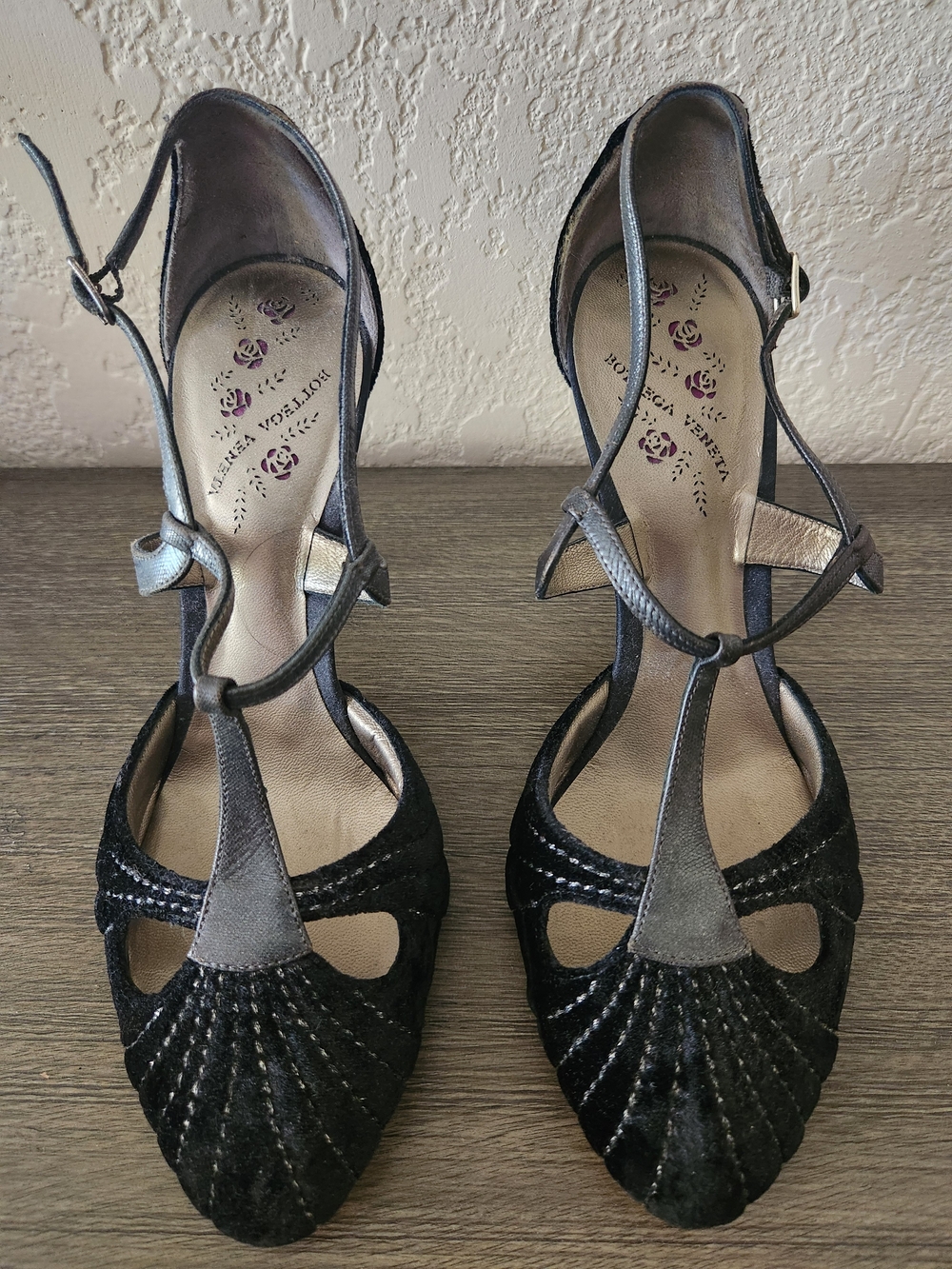 Bottega Veneta Black and Silver T-Strap Heels